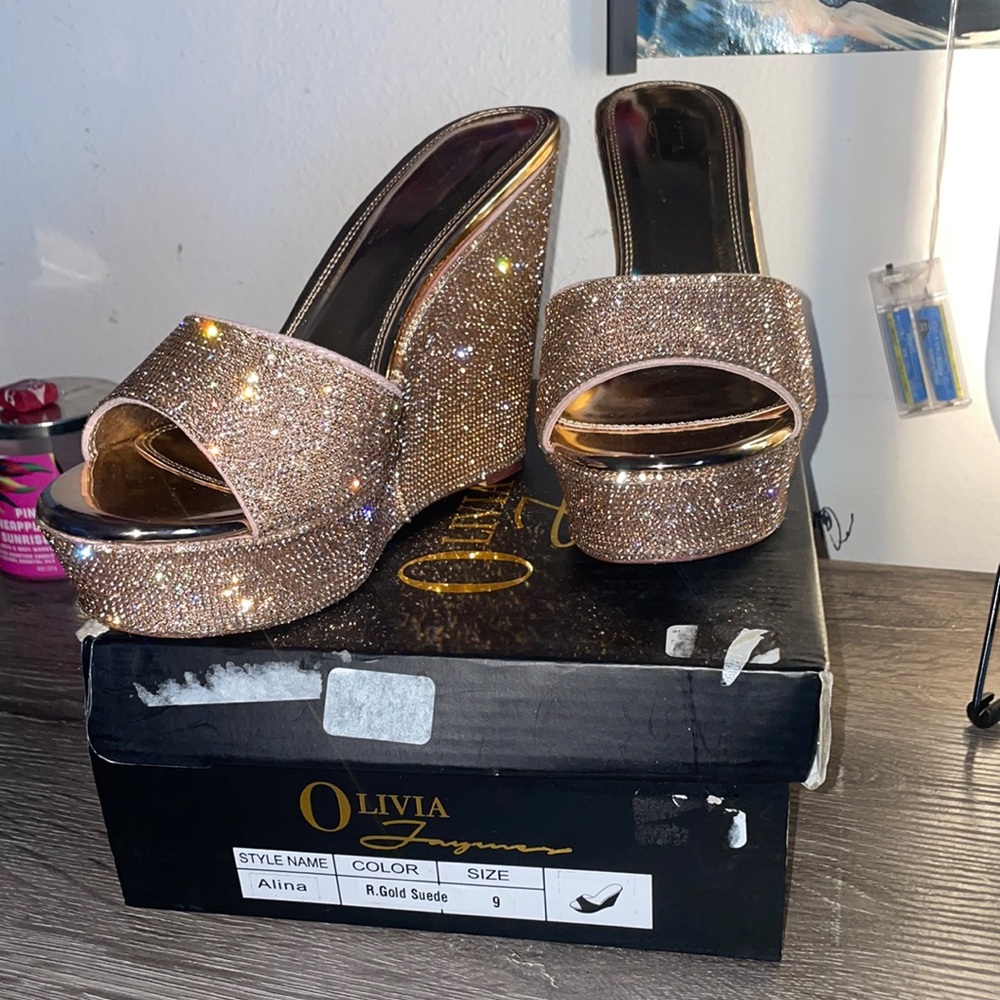Rose gold rhinestone wedges. Size 9